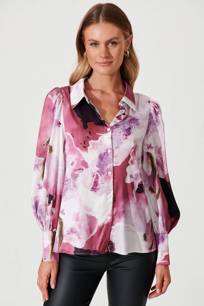 Afternoon Shirt In Pink With Purple Watercolour Satin - front