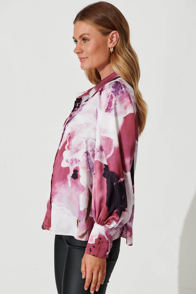 Afternoon Shirt In Pink With Purple Watercolour Satin - side