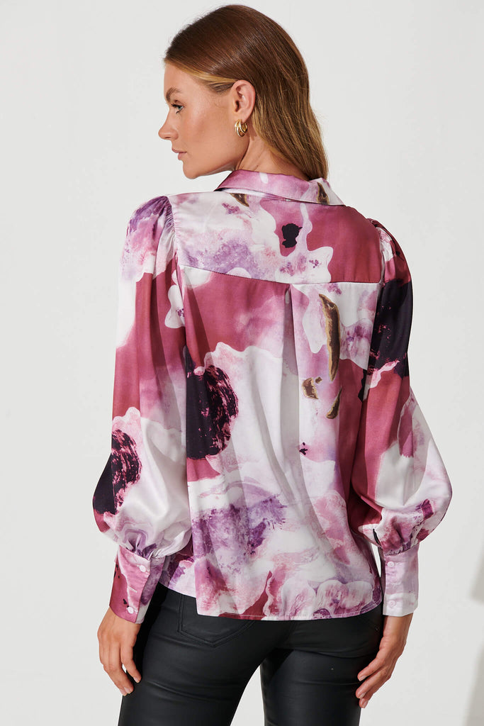 Afternoon Shirt In Pink With Purple Watercolour Satin - back