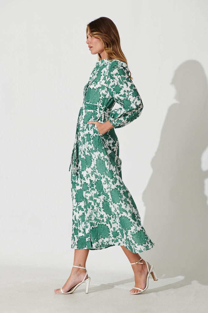 Lorie Maxi Shirt Dress In Emerald With White Floral Cotton Blend - side