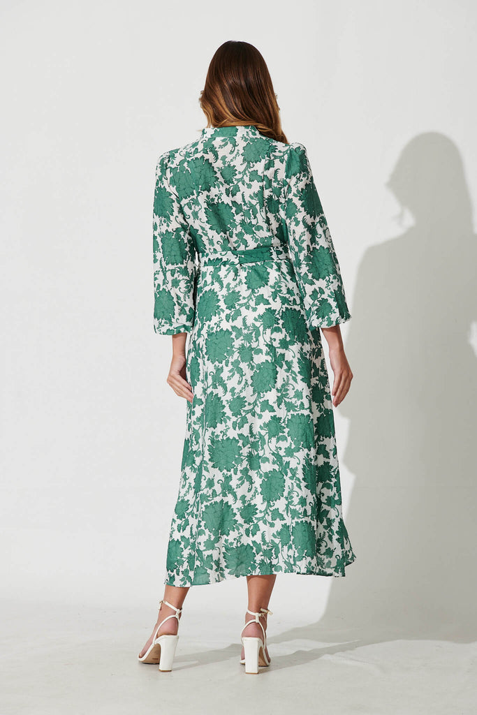 Lorie Maxi Shirt Dress In Emerald With White Floral Cotton Blend - back