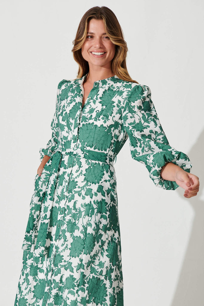 Lorie Maxi Shirt Dress In Emerald With White Floral Cotton Blend - front