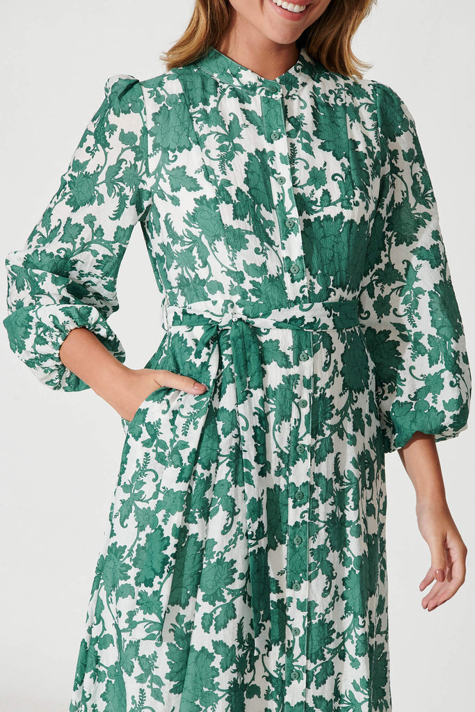 Lorie Maxi Shirt Dress In Emerald With White Floral Cotton Blend - detail