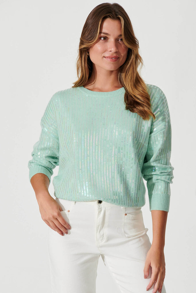Jackson Knit In Light Green Sequin Wool Blend - front