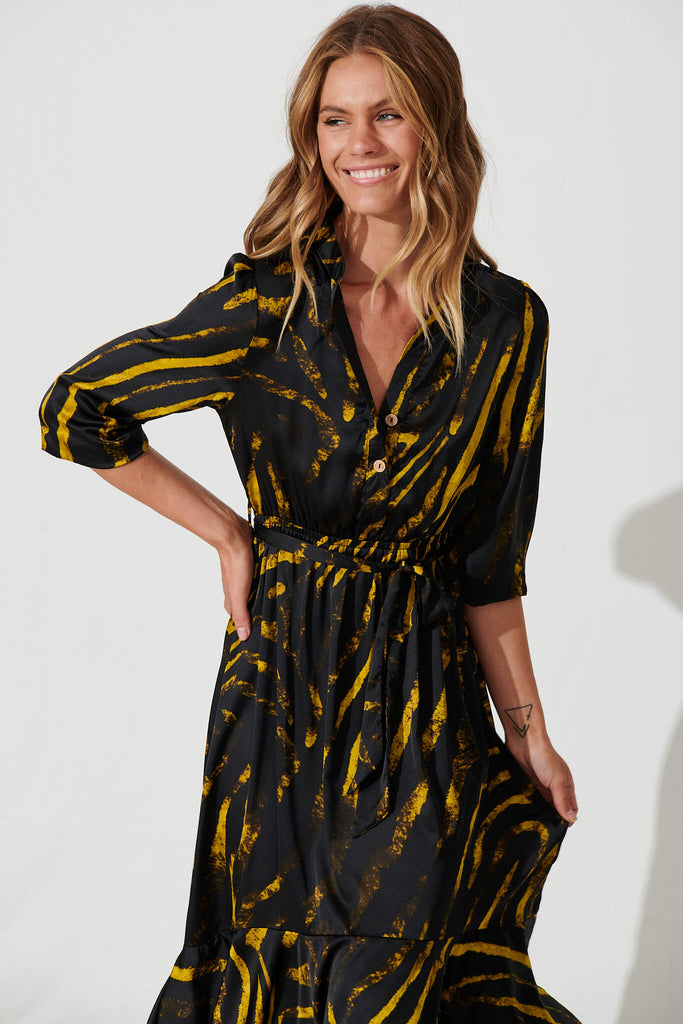 Jemimah Midi Dress In Black With Yellow Print - front