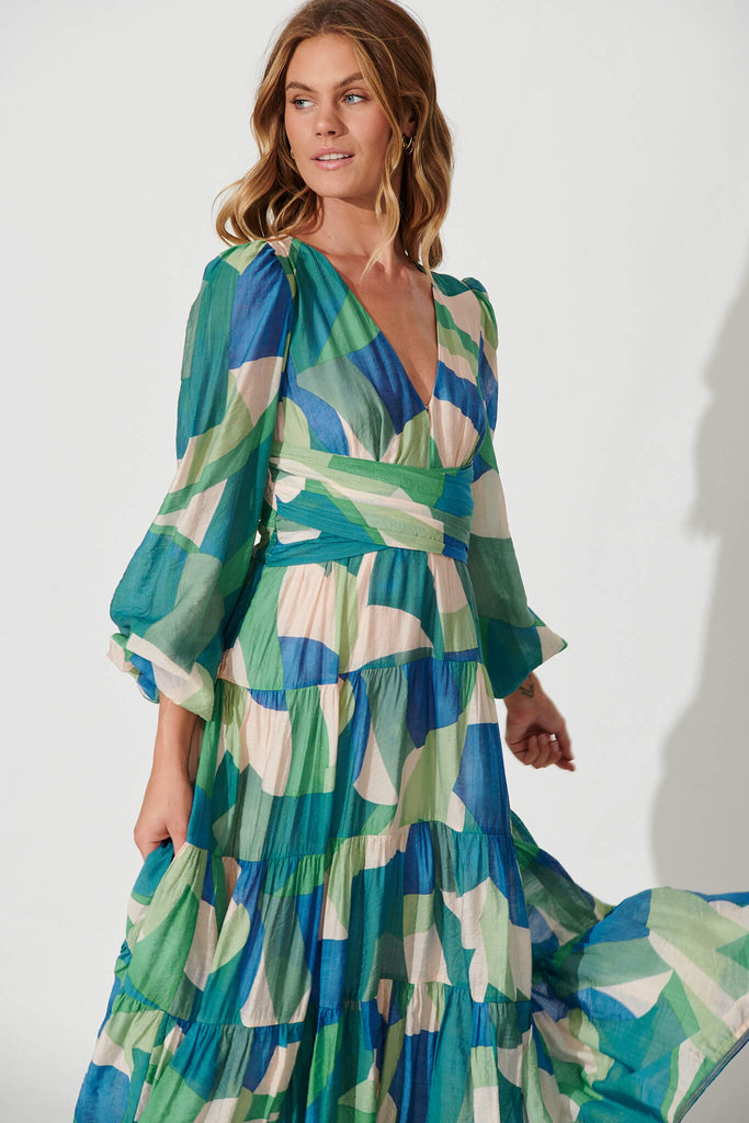 True Maxi Dress In Blue Green Abstract Print - front