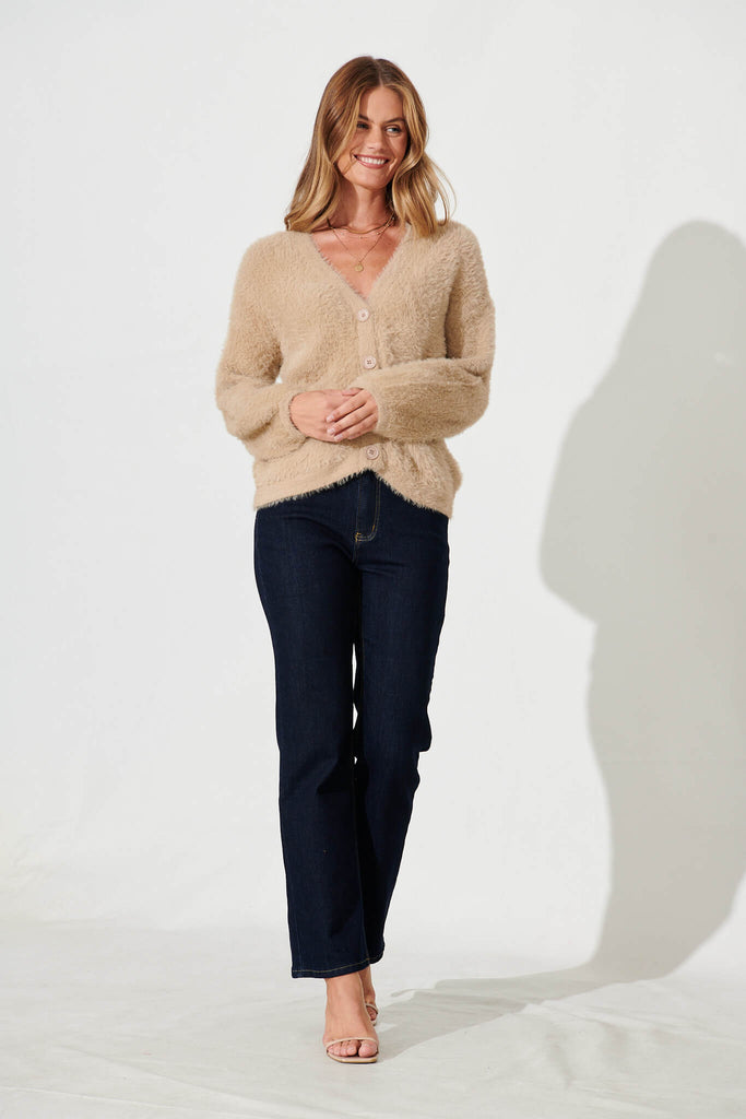 Timeout Fluffy Knit Cardigan In Camel Wool Blend - full length