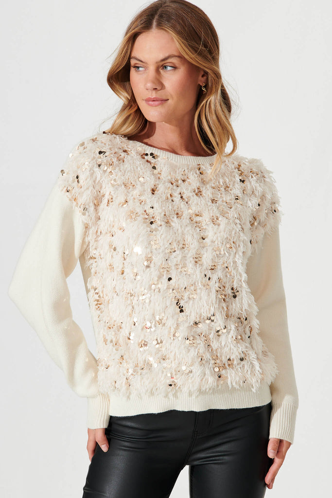 Cento Knit In Cream With Fluffy Sequin Wool Blend - front