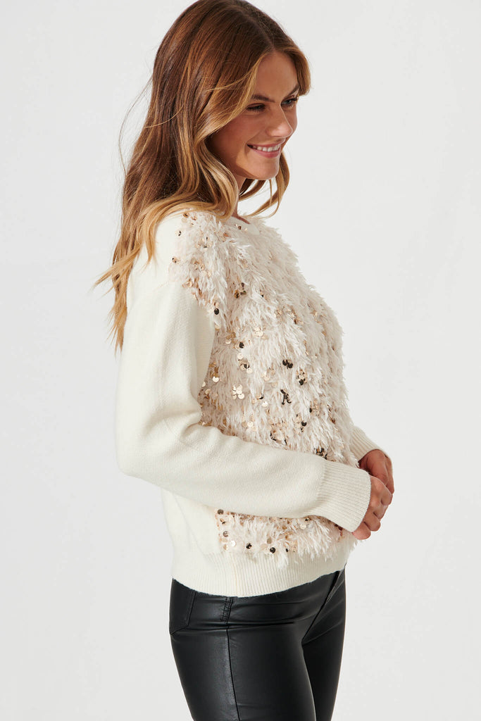 Cento Knit In Cream With Fluffy Sequin Wool Blend - side