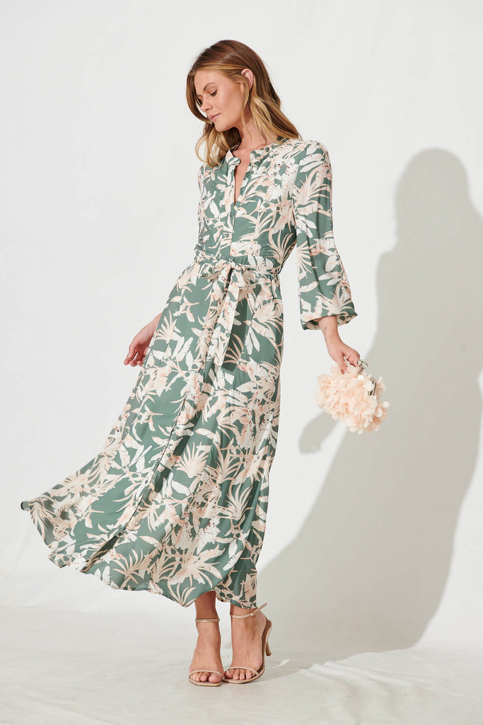 Lorie Maxi Shirt Dress In Green With Cream Leaf Print - full length
