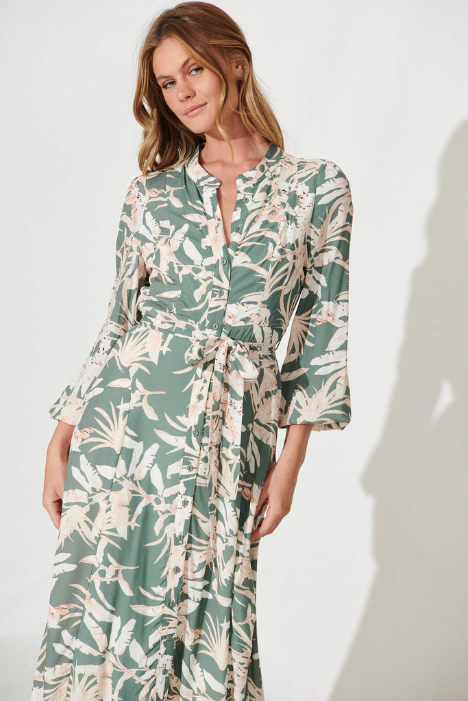 Lorie Maxi Shirt Dress In Green With Cream Leaf Print - front