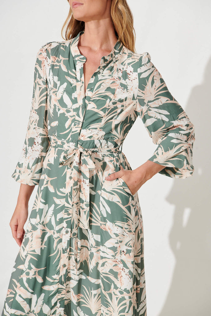 Lorie Maxi Shirt Dress In Green With Cream Leaf Print - detail