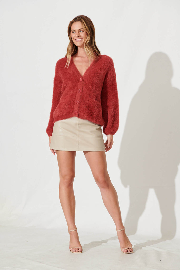 Timeout Fluffy Knit Cardigan In Red Wool Blend - full length