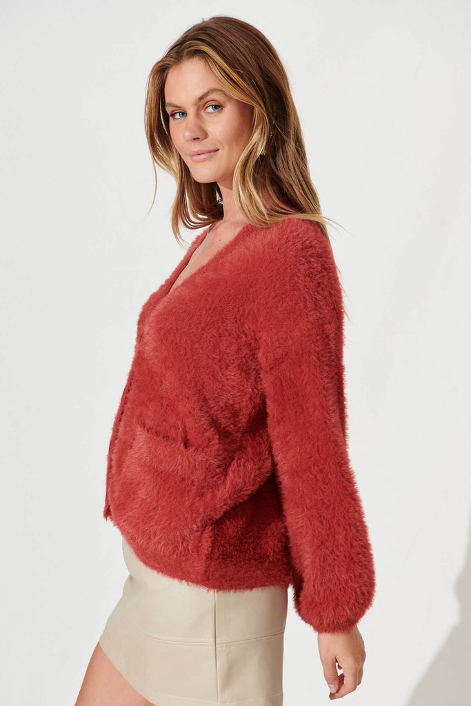 Timeout Fluffy Knit Cardigan In Red Wool Blend - side