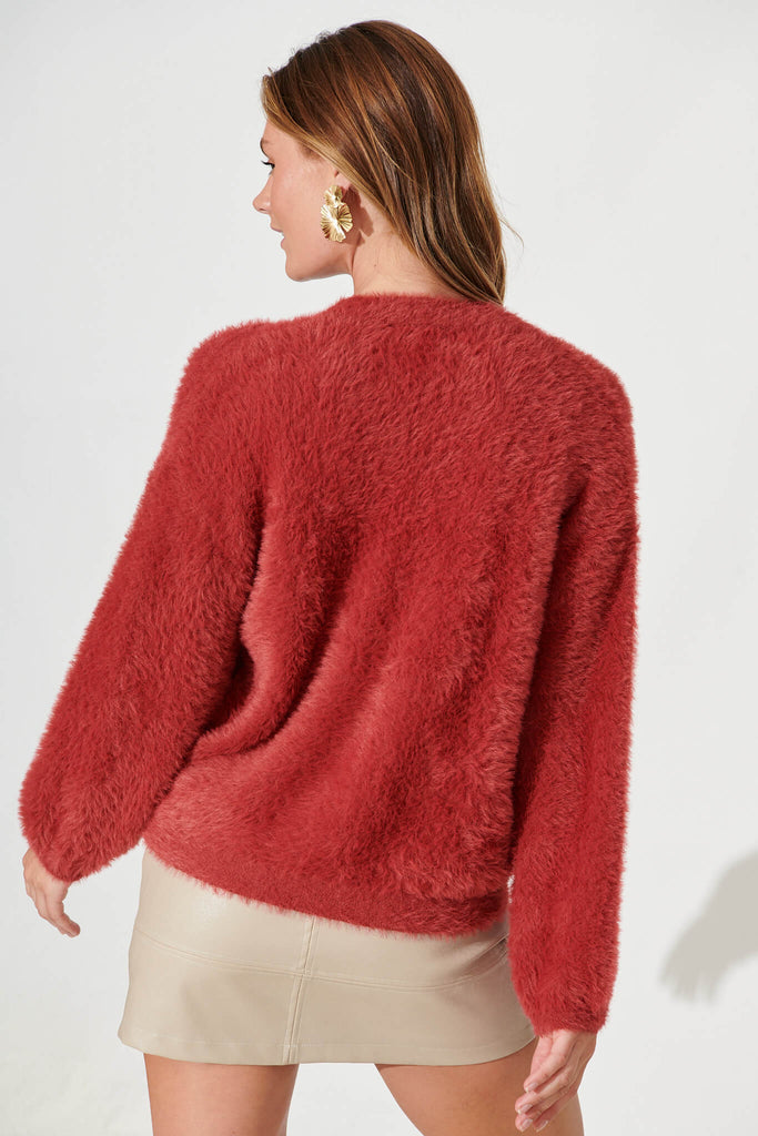 Timeout Fluffy Knit Cardigan In Red Wool Blend - back