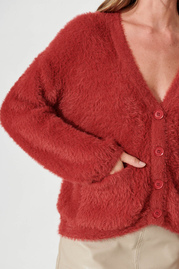 Timeout Fluffy Knit Cardigan In Red Wool Blend - detail
