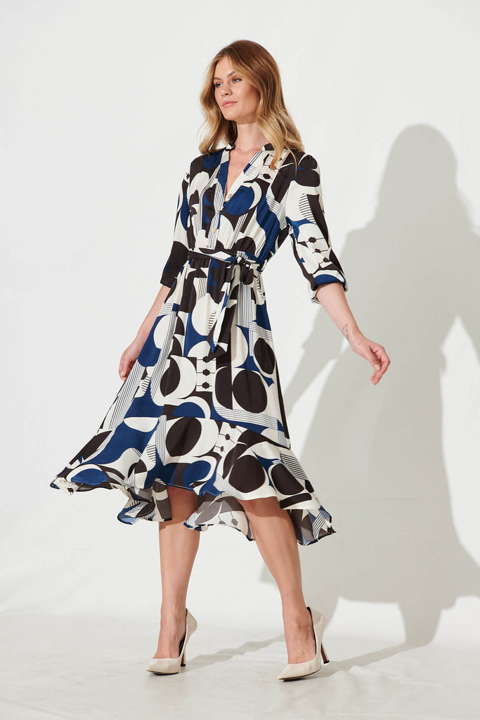 Jemimah Midi Dress In Cream Geometric Print - full length
