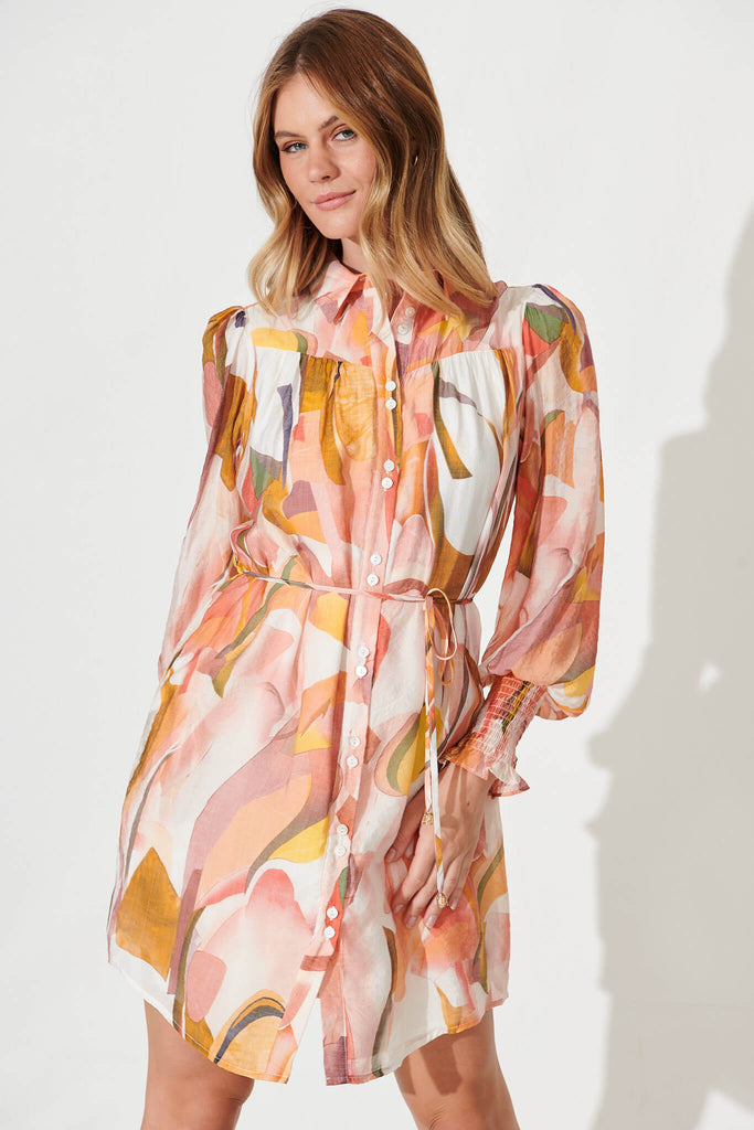 Venice Shirt Dress In White With Multi Apricot Floral - front