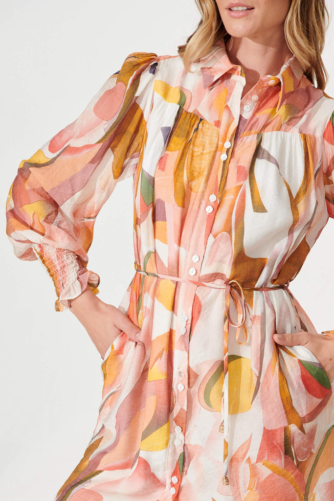 Venice Shirt Dress In White With Multi Apricot Floral - detail