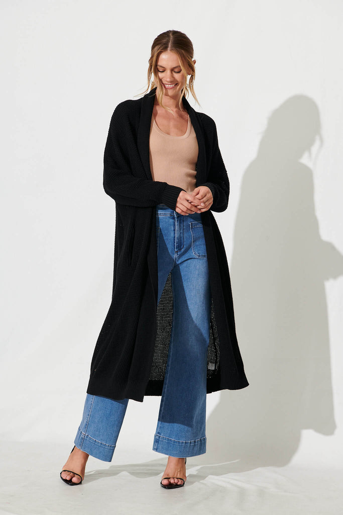 Zellweger Longline Knit Cardigan In Black Cotton Blend - full length
