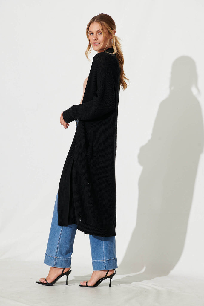 Zellweger Longline Knit Cardigan In Black Cotton Blend - side