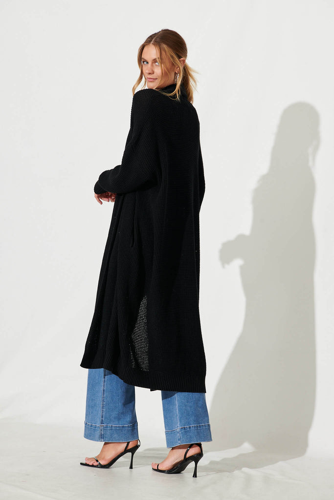 Zellweger Longline Knit Cardigan In Black Cotton Blend - back