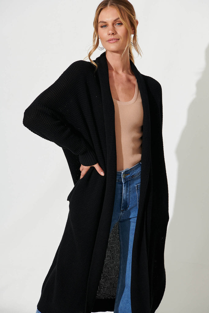 Zellweger Longline Knit Cardigan In Black Cotton Blend - front