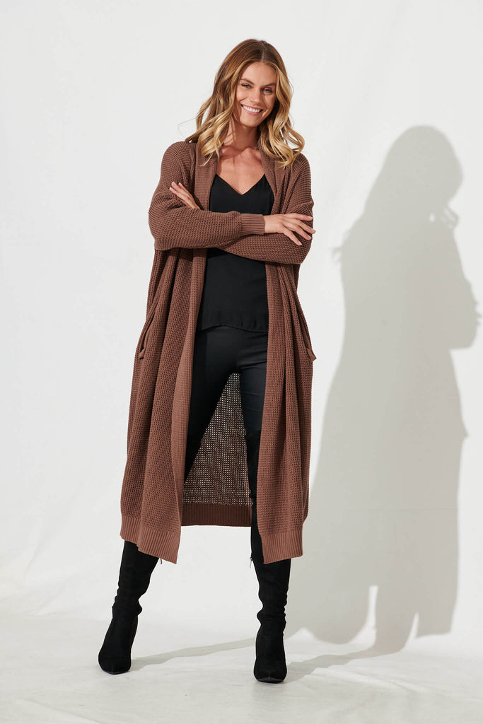 Zellweger Longline Knit Cardigan In Brown Cotton Blend - full length