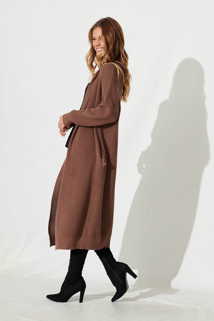 Zellweger Longline Knit Cardigan In Brown Cotton Blend - side
