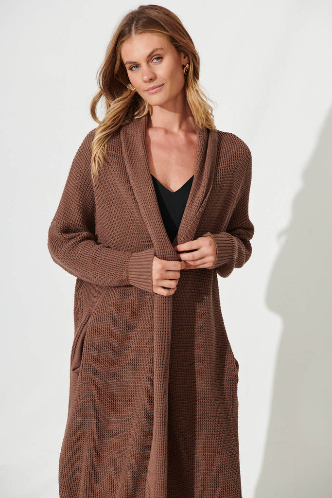 Zellweger Longline Knit Cardigan In Brown Cotton Blend - front