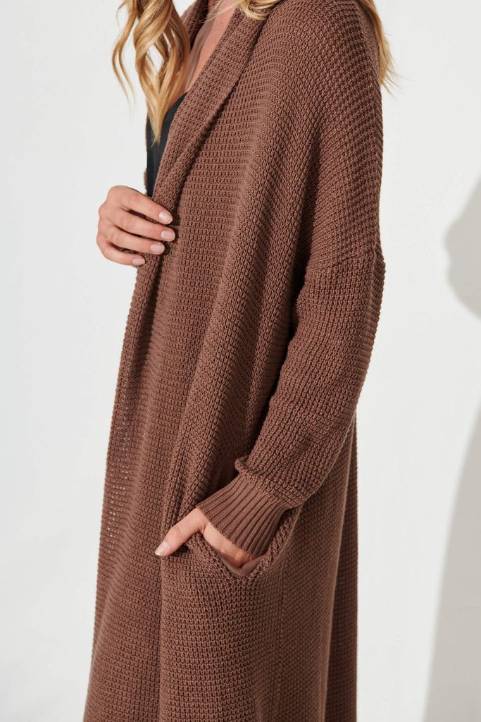 Zellweger Longline Knit Cardigan In Brown Cotton Blend - detail