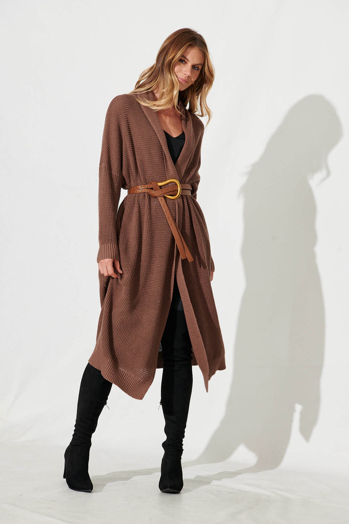 Zellweger Longline Knit Cardigan In Brown Cotton Blend - full length