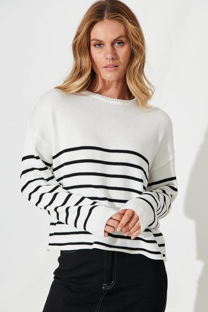 Locklear Knit In White With Black Stripe Cotton Blend - front