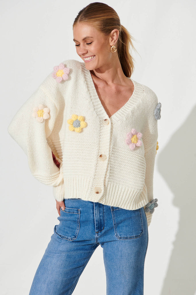 Icon Knit Cardigan In Cream With Flower Wool Blend - front