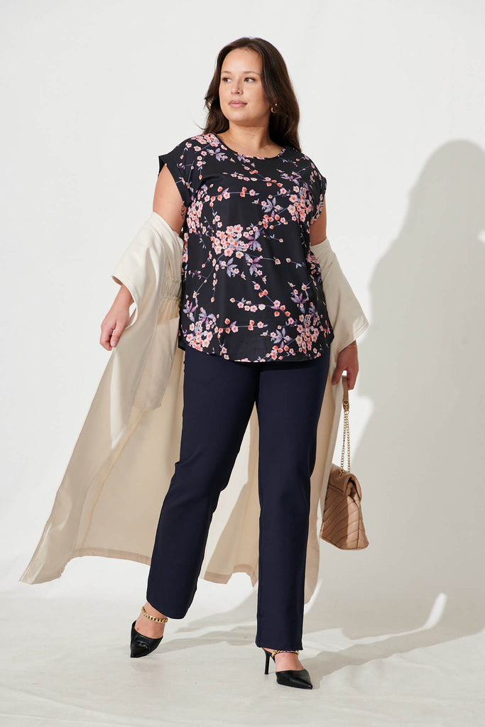 Rejina Top In Black With Cherry Blossom - full length