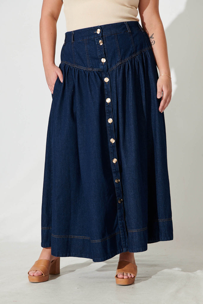 Judith Maxi Denim Skirt In Dark Blue - front