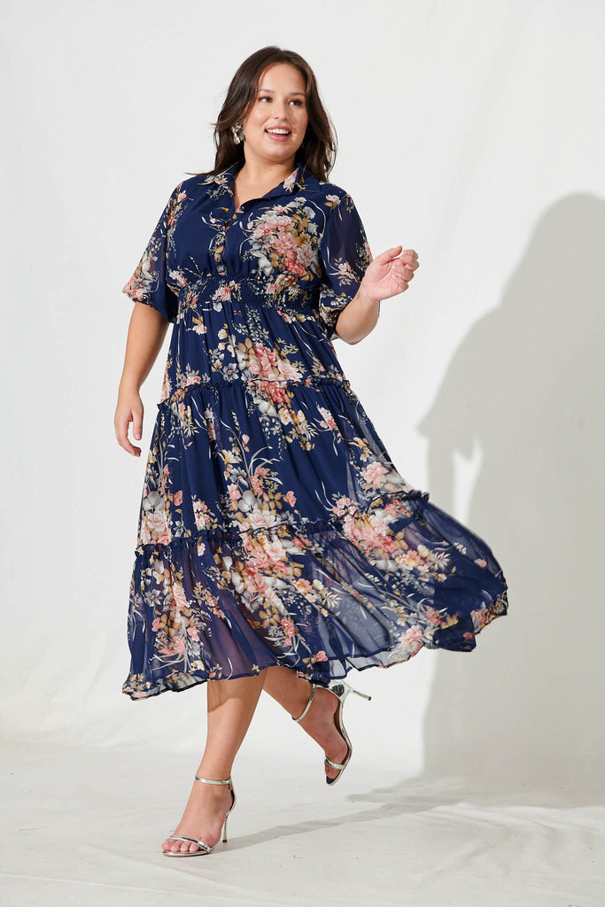 Brittney Midi Dress In Navy And Pink Floral Chiffon - full length