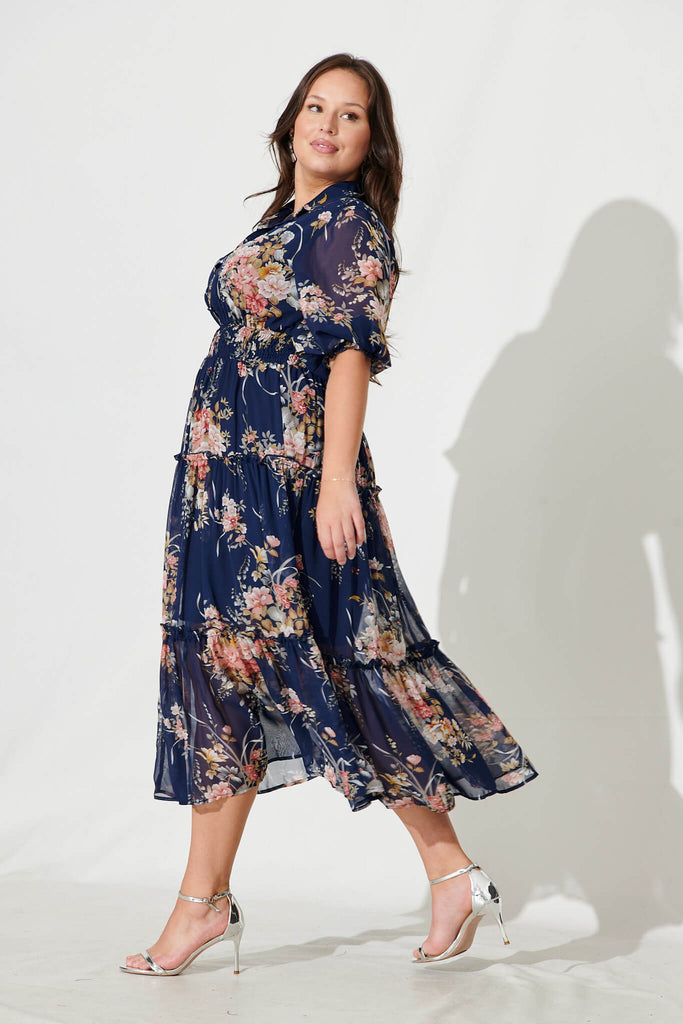 Brittney Midi Dress In Navy And Pink Floral Chiffon - side
