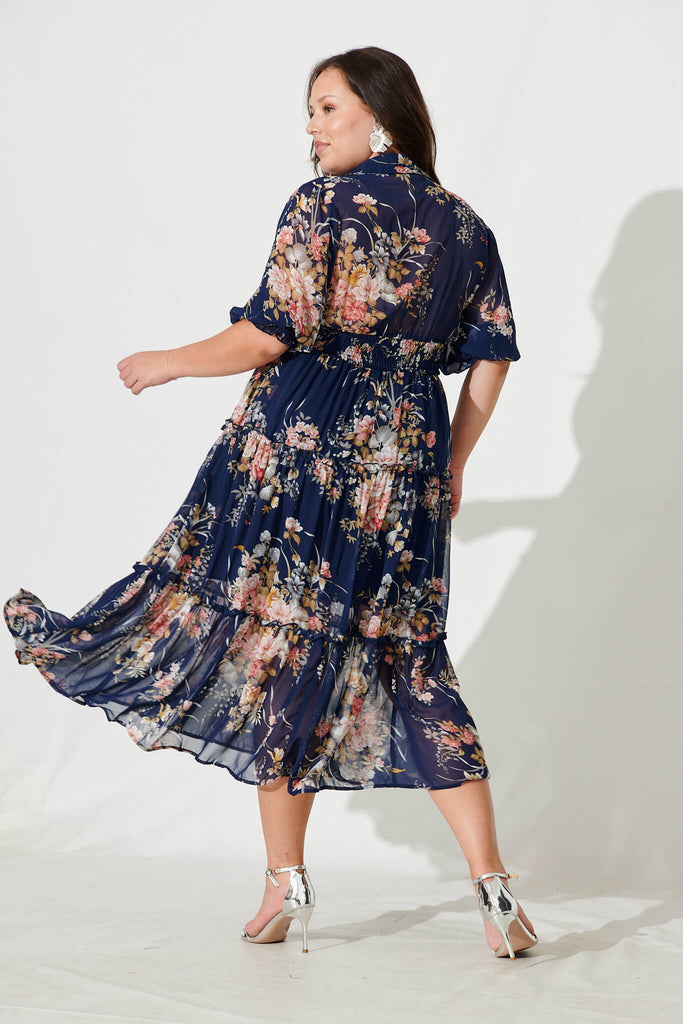 Brittney Midi Dress In Navy And Pink Floral Chiffon - back