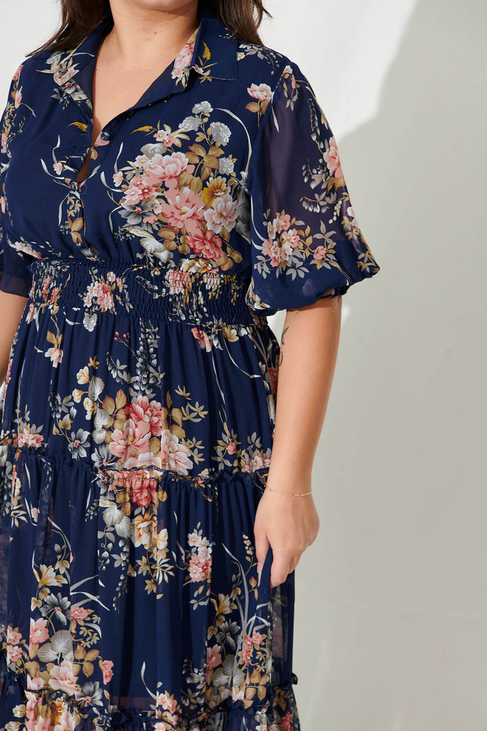 Brittney Midi Dress In Navy And Pink Floral Chiffon - detail