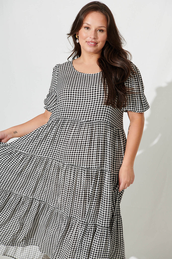 Nevi Tiered Midi Dress In Black And White Gingham - front