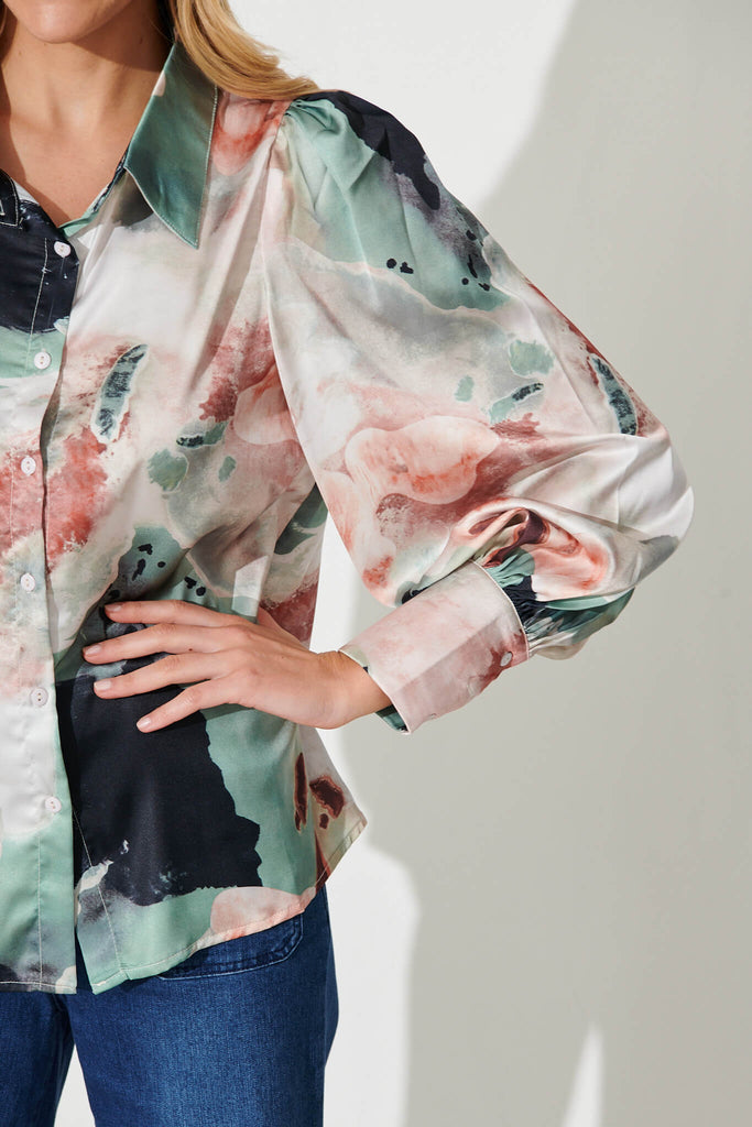 Afternoon Shirt In Sage With Rust Watercolour Satin - detail