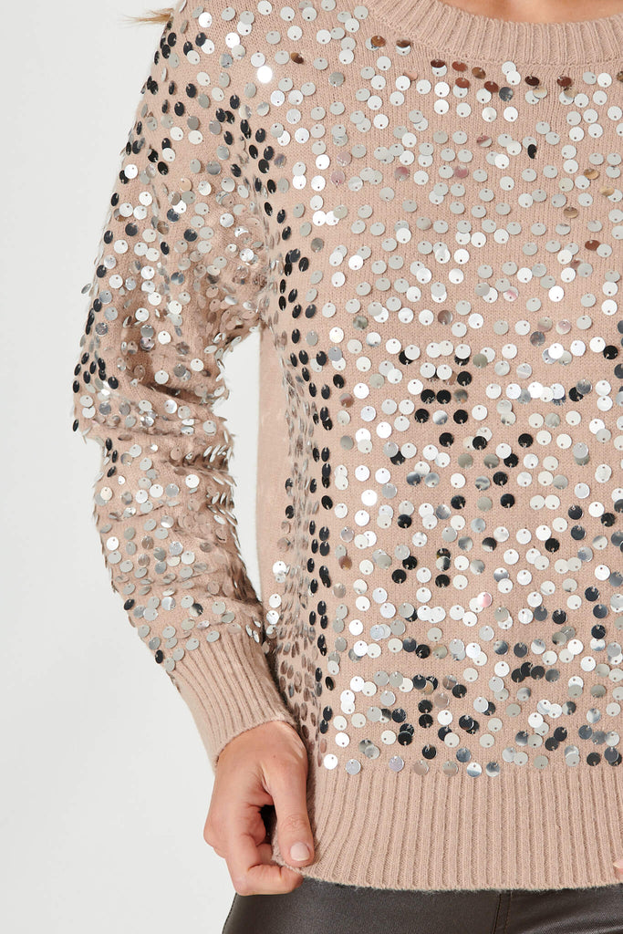 Whistler Knit In Beige With Silver Sequin Wool Blend - detail