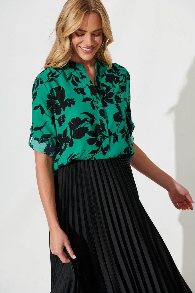 Isa Top In Green With Black Floral - front