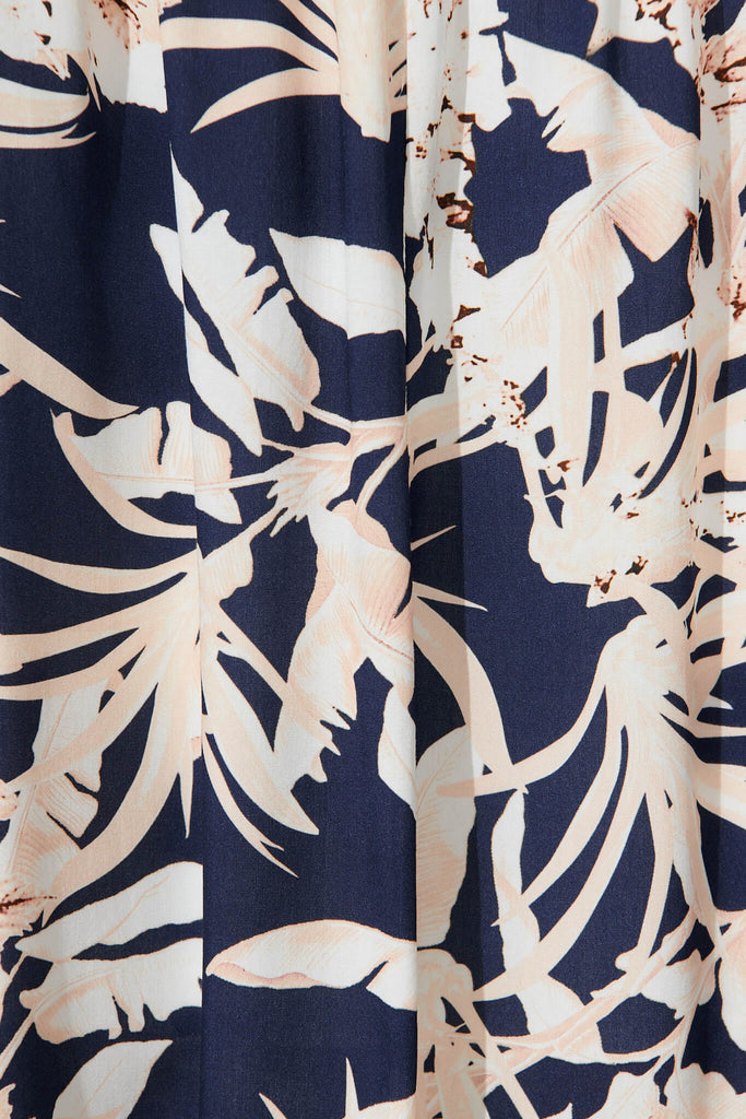 Bridie Maxi Dress In Navy Leaf Print - fabric