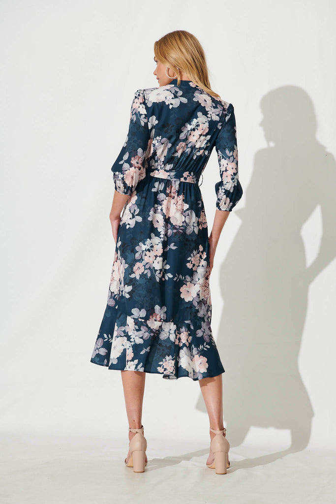 Jemimah Midi Dress In Teal With Blush Floral Print - back