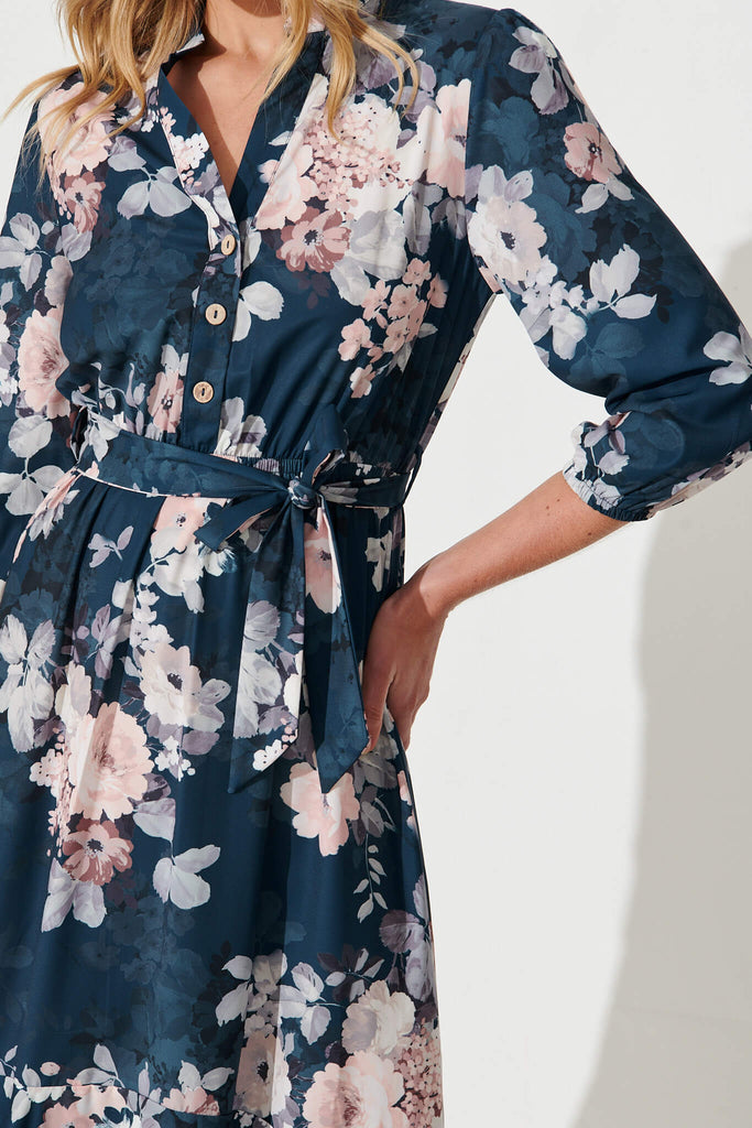 Jemimah Midi Dress In Teal With Blush Floral Print - detail