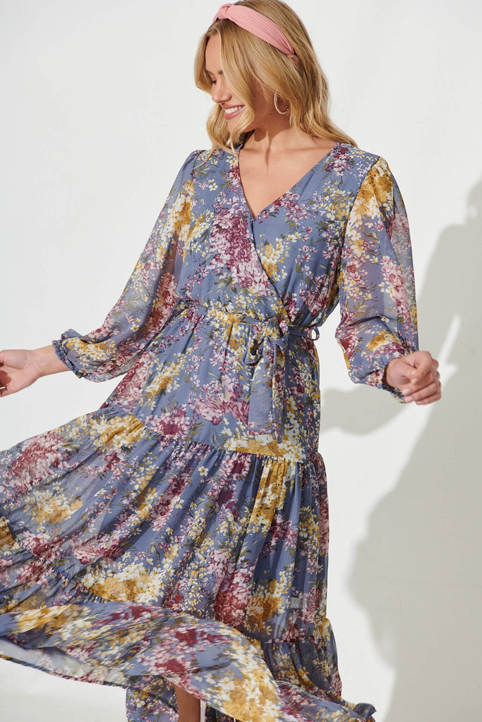 Alexis Maxi Dress In Grey Floral Chiffon - front