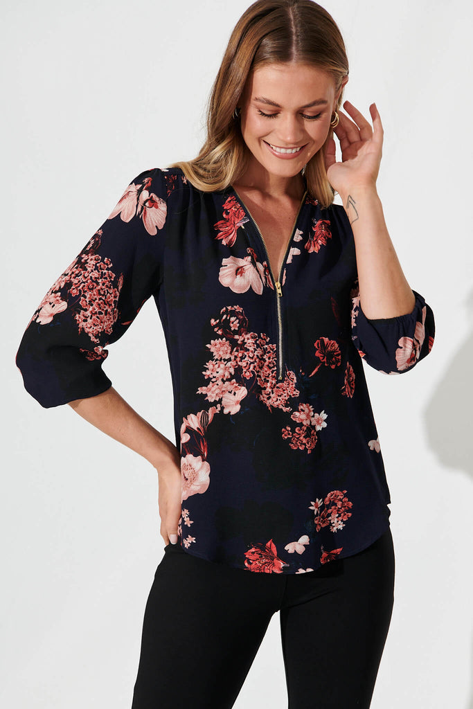 Viviani Zip Top In Navy With Pink And Blush Floral - front