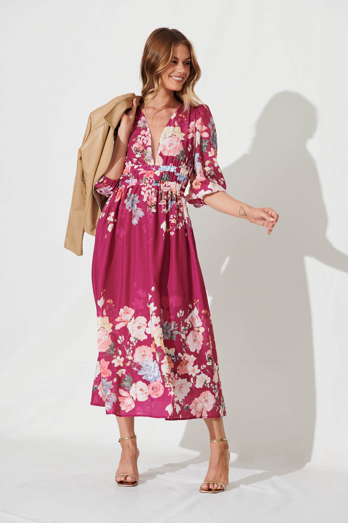 Camie Maxi Dress In Magenta With Blush Floral - full length